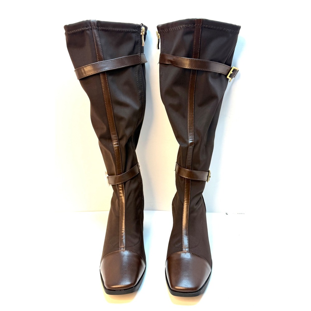 Journee Collection Gaibree Belted Block Heel Knee High Boots Chocolate 7.5 NWT